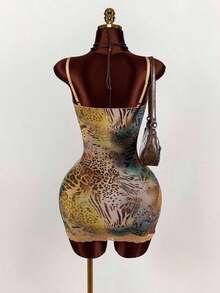Amplova Lace Cup Detail Tropical Floral Mesh Bodycon Mini Dress Lace Trim Dress,Party Dress - 多色 3 - 查看 6