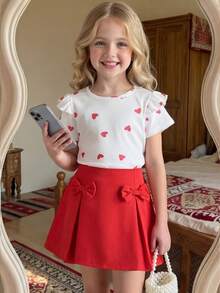 女童T恤套装，休闲罗纹数码印花爱心图案，时尚小女孩新款春夏秋季户外服装 - 紅色 - 查看 3