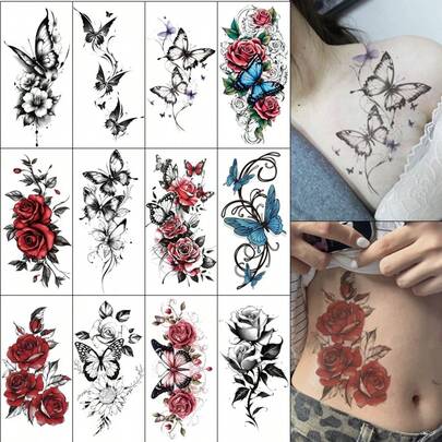 Bộ 12 hình xăm dán tạm thời cỡ lớn hình hoa, bướm, hoa hồng và màu nước, chống thấm nước và mồ hôi, giữ được 3-7 ngày, thích hợp dán ở cánh tay, xương quai xanh, mắt cá chân, thể hiện cá tính riêng, thiết kế tinh tế, mực chất lượng cao, bền và chống thấm nước, hình xăm dán tạm thời hình hoa màu nước sống động như thật, quà tặng cho phái nữ.