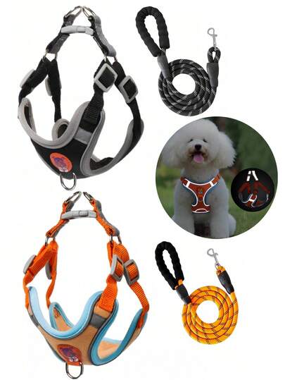 Bộ 2 món gồm đai đeo phản quang và dây xích chống nghẹt thở 1.5m, đai đeo thoáng khí phù hợp cho chó và mèo cỡ nhỏ và trung bình, áo vest cho chó con, bộ phụ kiện dây xích và đai đeo cho chó.