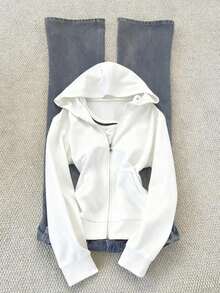 Chaqueta con capucha casual con cremallera frontal de unicolor y manga larga para mujer - Blanco - Ver 13