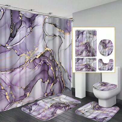 Bộ 1/4 rèm tắm phòng tắm, in họa tiết màu nước tím xám vàng với thiết kế hiệu ứng vân đá cẩm thạch thời trang, chống thấm nước và bền bỉ. Bộ sản phẩm bao gồm 12 móc treo, nắp bồn cầu, thảm tắm và thảm trải sàn cùng màu. Được làm từ vải tổng hợp chất lượng cao, có thể giặt máy và chống nấm mốc, phù hợp cho trang trí ngày lễ, trang trí nhà cửa, phòng ngủ, nội thất phong cách nghệ thuật hiện đại và không gian chủ đề mùa hè.