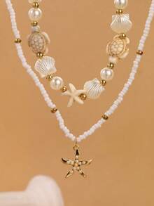 2pcs Bohemian Beach Ocean Style Shell, Starfish, Turtle Beaded Necklace Set For Women, Daily & Holiday Accessories - White - View 4