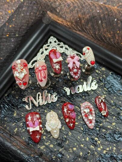 10pcs Almond Nail Acrylic Kit, Red Nails, Hand Drawn Red Bow Pattern, Including Red, Beige, And Pink Nail Art Patterns, Pink Tie Dye, 3D Three-Dimensional Bow, Heart-Shaped Diamonds, Pearls, Stars, And Other Nail Accessories, With A Sweet And Dreamy Style, Y2K Style Nail Art Set,Suitable For Women And Girls For Parties&Party&Ceremonies And Daily Use(Includes:A Piece Of Jelly Glue And A Friction Strip) Nail Supplies