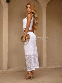 Vestido Midi Tricot Argolas Rendado Moda Praia Reveillon Elegante - Branco - Visão 5