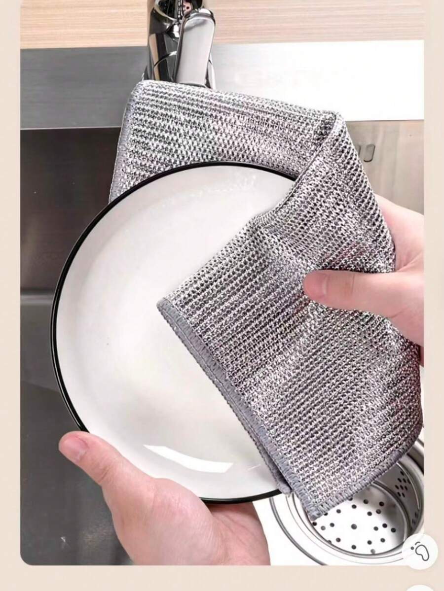 5片装超细纤维钢丝绒清洁布，双面清洁垫，20厘米*20厘米，防刮擦，适用于清洁餐具、炊具、炉灶和浴室。 - 銀色 - 查看 1