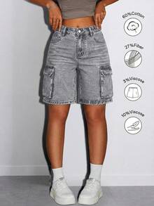 Short en jean cargo vintage streetwear pour femmes, coupe droite, sans stretch, short en jean d'été pour tenue quotidienne, tenue de vacances décontractée pour femmes - Gris pâle - Voir 5
