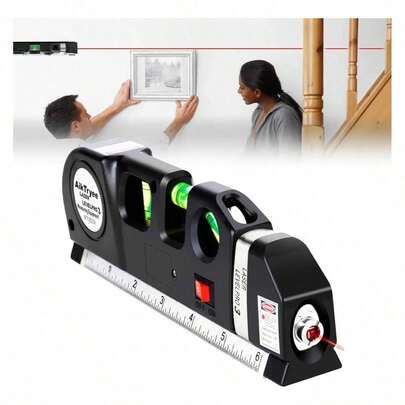 Kit de herramienta de nivel láser de 8 pies/2,5 m, nivel láser multiusos con haz de láser de línea cruzada estándar, adecuado para colgar cuadros,nivel laser 3 burbujas cinta métrica regla cruz horizontal vertical negro gabinetes, paredes de azulejos,  Línea Láser 8 Pies Medida Cinta Regla Regla Estándar y Métrica Ajustada Laser Level Láseres de Línea