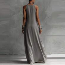 Elegant Boho Maxi Dress For Women Sleeveless Straps With Pockets In Flowy Long Fabric - Xám - Xem 3