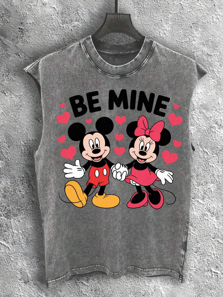 Disney Vintage Washed   BE MINE Love Print Sleeveless Tank Top - Xám - Xem 1