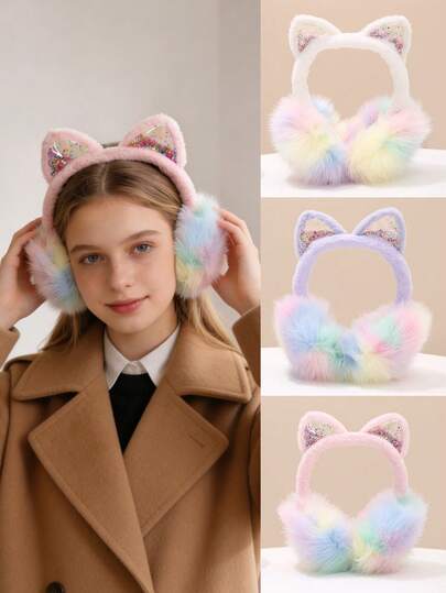1 pieza Orejeras de peluche lindas con decoración brillante, diadema de invierno cálida para niñas - Accesorio de cabeza de invierno suave y esponjoso, color aleatorio (rosa y tonos claros), adecuado para otoño/invierno