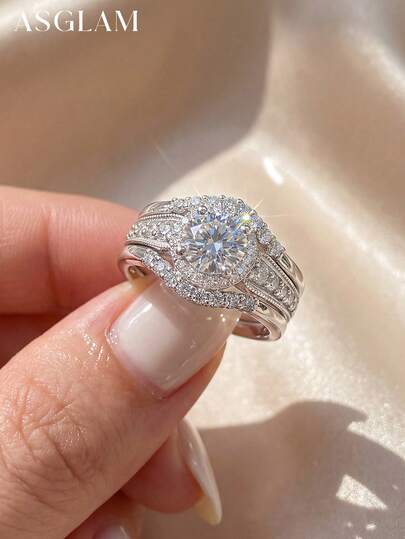 1 Set Elegant Engagement & Wedding Ring Set, Women's Jewelry, 925 Sterling Silver Shiny Wedding Rings, Exquisite Jewelry, Suitable For Girl's Birthday, Prom Party Gift