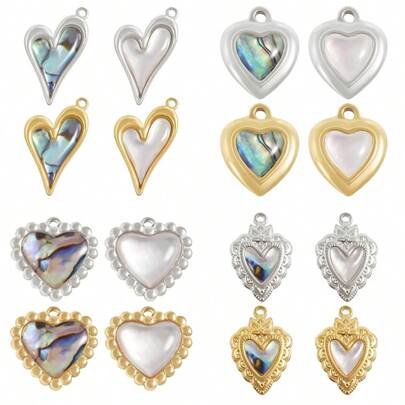 1 chiếc/4 chiếc Mặt dây chuyền hình trái tim bất đối xứng bằng thép không gỉ 304 cao cấp, khảm vỏ sò, phụ kiện trang sức DIY, mạ điện chân không.