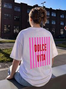 1件女士夏季圆领短袖T恤，竖条纹“DOLCE VITA”印花，休闲白色 - 白色 - 查看 7