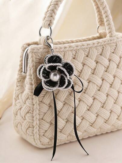 1pc Elegant Faux Pearl Fabric Camellia Ribbon Tassel Keychain Bag Charm, Suitable For Women's Daily Casual And Party Wear. Handmade With Slight Shape Variations.
