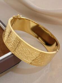 1pc Vintage Engraved Wide Bangle Bracelet For Women Chunky Stainless Steel Golden Bangle Bracelet For Party Mother Day Vacation Season Wedding Music Festival Valentine Christmas Jewelry Gifts - Multicolor - View 8