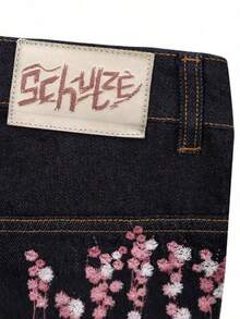 Fashionable Dark Blue Jeans With Cherry Blossom Pocket Design, Slimming Straight-Leg Pants - màu đen - Xem 6