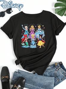 Women's Black Short Sleeve T-Shirt With Disney Princess Collection Print - Elsa Ariel Sleeping Beauty Cinderella Belle Little Mermaid Wearing Mickey Ears, Decorated With Stars & Hearts, Tied Knot Hem Casual Top, Disney Shirts, Summer Outfits For Women, Spring Outfits For Women, Officially Licensed Disney T-Shirts, Disney Men's And Women's Spring/Summer Fashion Casual Short-Sleeve T-Shirts - 黑色 - 查看 1
