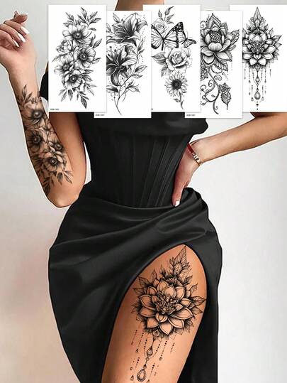 5pcs Black Floral Temporary Tattoo Stickers, Featuring Lotus, Butterfly, Pendant, Rose Designs, Realistic Effect, Suitable For Women And Girls Body Decoration