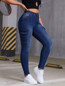 Pantalones de mezclilla skinny cargo, lavado gris oscuro, elásticos, con múltiples bolsillos, efecto levantador de glúteos, puños ajustados - Azul lavado oscuro - Ver 10