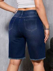 大码女式深蓝色水洗高腰牛仔骑行短裤，毛边修身休闲夏季牛仔短裤 - 中等水洗藍 - 查看 4