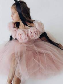 少女3D立体花卉装饰薄纱露肩派对礼服，适合重要场合、节日、生日派对 - 粉色 - 查看 1