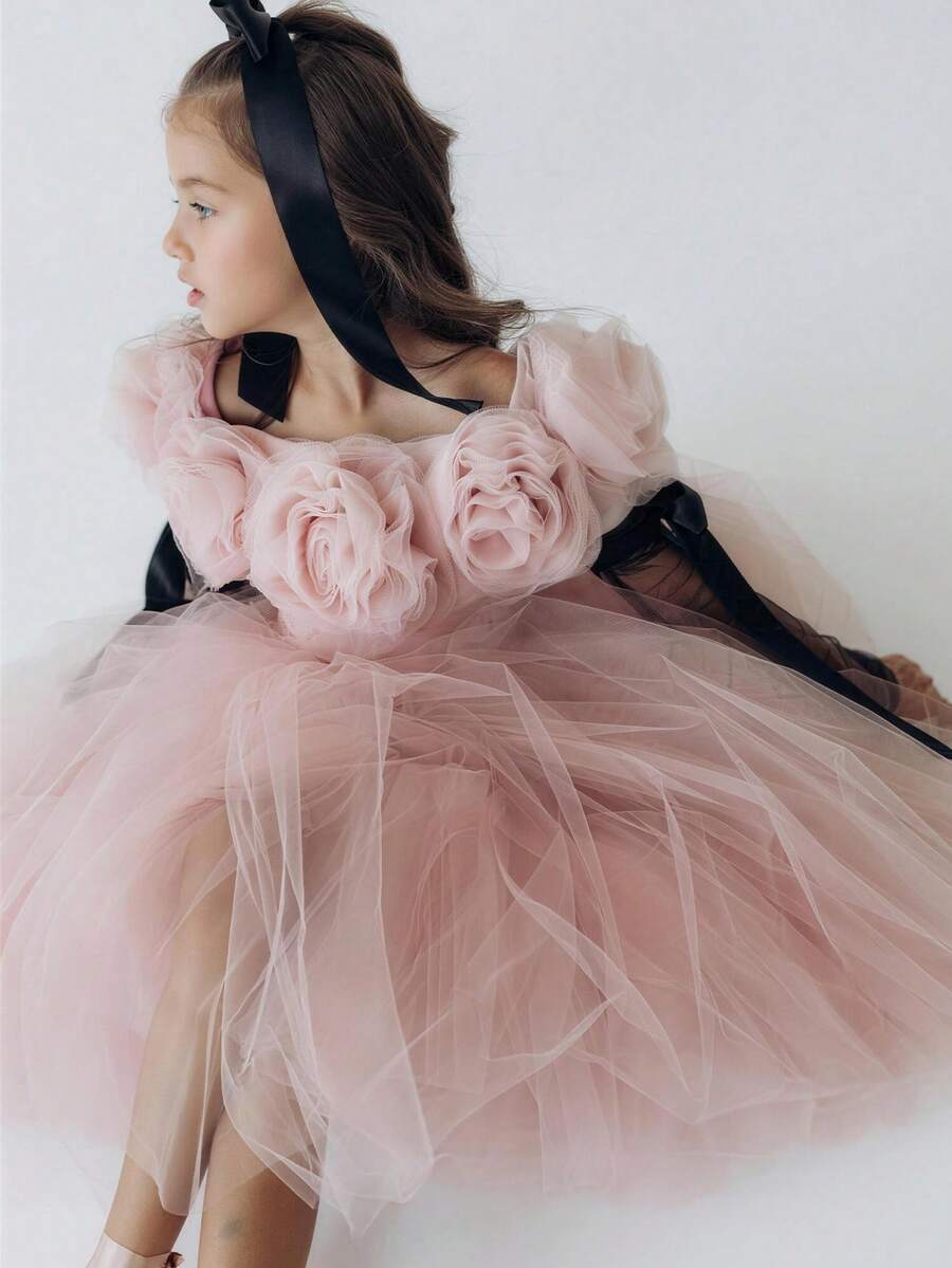 少女3D立体花卉装饰薄纱露肩派对礼服,适合重要场合、节日、生日派对 - 粉色 - 查看 1