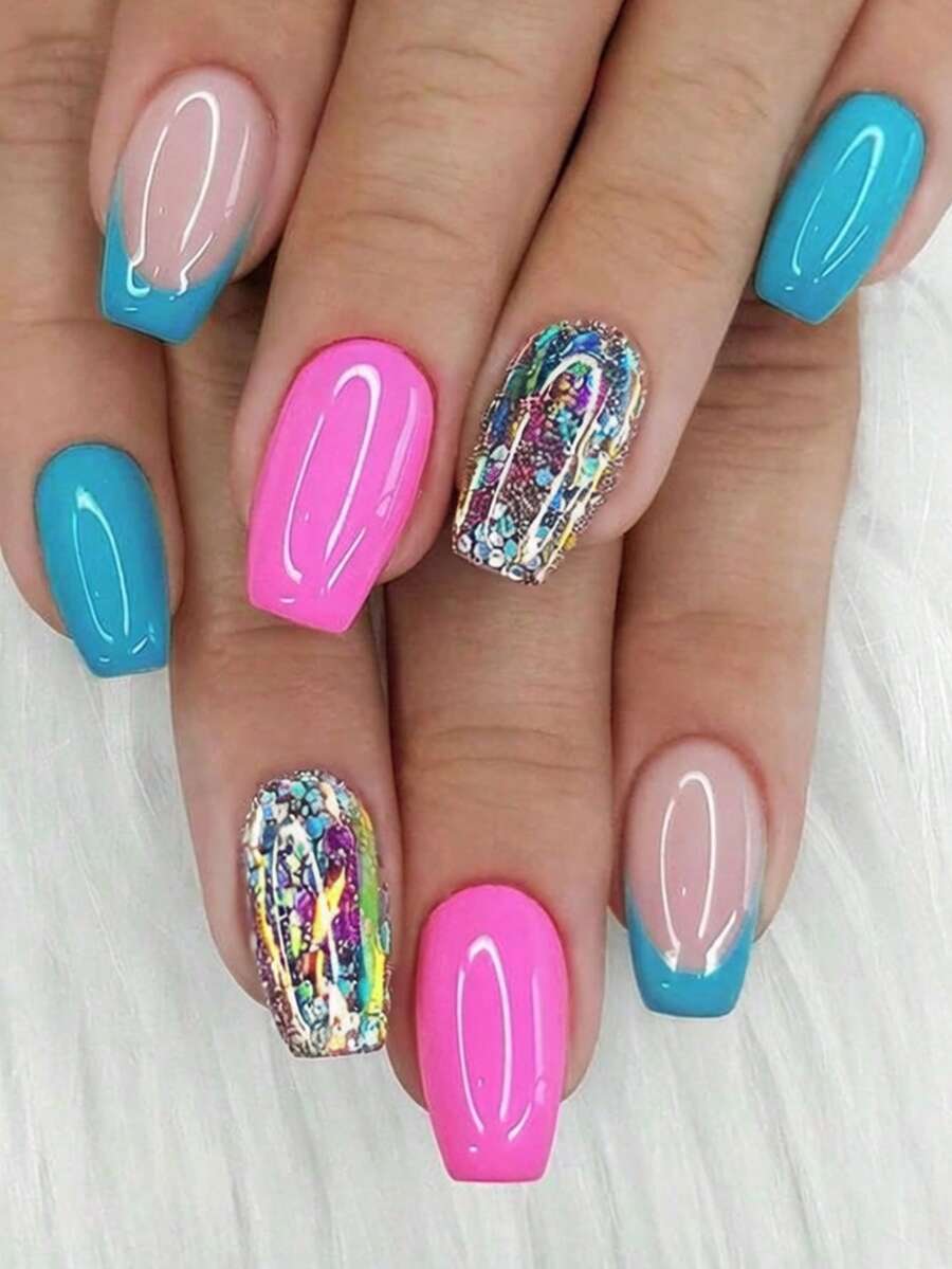 Bộ 24 móng giả vuông màu hồng lấp lấp lánh, có thể tái sử dụng, kèm keo dán, phù hợp cho phụ nữ và những người yêu thích thời trang. Bộ quà tặng bao gồm 1 dũa móng, mã sản phẩm Y567 (Sọc cam). - Nhiều màu - Xem 1