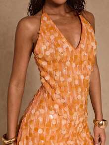 Glamine Women's Orange Sequins Halter Deep V Neck Sleeveless Mini Dress Women's Short Dress, Vibrant Orange Sequin Embellished, Elegant For Party, Date, Holiday, New Year Orange Dress Orange Vacation Dress Summer Dress For Women Sexy Sun Dress Orange Floral Dress Sequin Dress Halter Neck Dress Orange Mini Dress Orange Sequin Dress - 橘色 - 查看 7