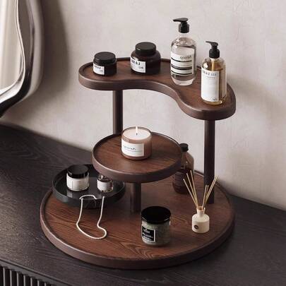3-Tier Rotating Desktop Display Rack, Wood Grain Bathroom Vanity Organizer, Makeup Storage Rack, Multi-Purpose Round Shelf, Suitable For Skincare, Perfume, Lipstick And Cosmetics - Space-Saving Countertop Organizer
