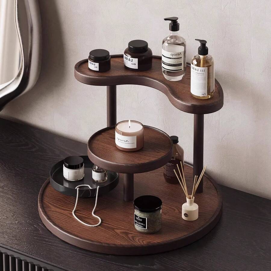 Kệ trưng bày để bàn xoay 3 tầng, kệ đựng đồ trang điểm phòng tắm vân gỗ, kệ đựng mỹ phẩm, kệ tròn đa năng, thích hợp để đựng sản phẩm chăm sóc da, nước hoa, son môi và mỹ phẩm - Kệ đựng đồ tiết kiệm không gian trên mặt bàn. - Nhiều màu - Xem 1