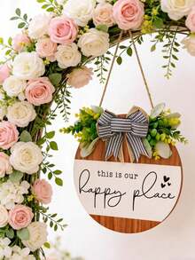 1pc Plaid Bow Welcome Sign, Butterfly Wreath Decor, Suitable For Home, Office, Yard, Farmhouse, Wooden Sign With "This Is Where Our Happy Begins" Text, Striped Bow Rustic Style All-Season Wall Hanging, Suitable As Housewarming Gift - A - View 2