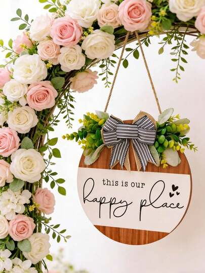 1件格子蝴蝶结欢迎牌装饰，适用于家居、办公室、庭院、农舍，木板上印有“这是我们幸福的开始”，条纹蝴蝶结乡村风格四季皆宜的悬挂装饰，适合作为乔迁礼物。