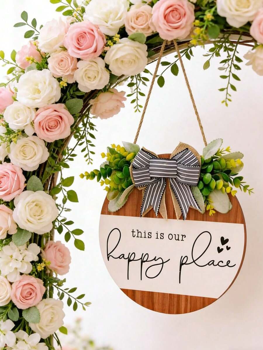 1pc Plaid Bow Welcome Sign, Butterfly Wreath Decor, Suitable For Home, Office, Yard, Farmhouse, Wooden Sign With "This Is Where Our Happy Begins" Text, Striped Bow Rustic Style All-Season Wall Hanging, Suitable As Housewarming Gift
