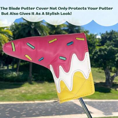 可爱冰淇淋高尔夫推杆套，一体式/半圆形推杆套，3D刺绣设计，耐磨PU皮革，防震、防尘、防潮，少女高尔夫球杆保护套