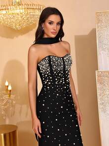 Rhinestone Strapless Slit Tube Bridesmaid Dress, Party Bandage Dress - Black - View 3