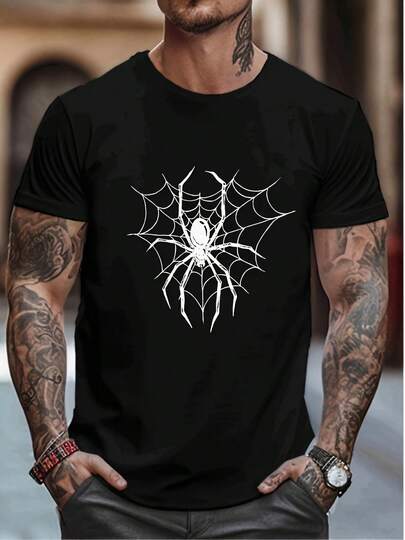 Camiseta de Verano Casual de Algodón Puro para Hombre, Camiseta Casual con Estampado de Moda, Camiseta Casual para Hombre con Estampado de Letras, Camiseta de Manga Corta con Cuello Redondo y Estampado de Araña, el estampado de araña tiene un cierto grosor adecuado para el uso en verano. Estilo sin Esfuerzo, Muestra Tu Estilo Único. JL56