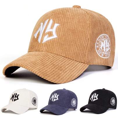 Mũ lưỡi trai nữ bằng vải nhung kẻ thêu chữ NY, kiểu dáng thời trang đường phố, thích hợp cho hoạt động ngoài trời, du lịch, đi biển vào mùa xuân/thu.