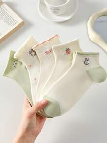 5 paires de chaussettes courtes invisibles en dentelle, motifs fraise, lapin, pois, respirantes et mignonnes pour femmes. Chaussettes blanches, vertes, convenant pour le port décontracté quotidien, printemps/été, toutes saisons - Multicolore - Voir 3