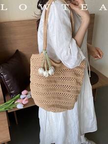 1pc Low Tea Solid Color Woven Fabric Shoulder Bag, Women's Retro Fashion Woven Shoulder Bag, Top Double Handle Design, Open Closure, Suitable For Travel, Shopping, Dating, Women's Gift, Very Suitable For Commuting, Outdoor, Travel, Hiking (With Pendant) - Khaki - View 8