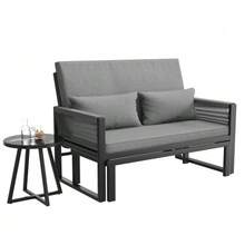 Garden Lounger With Woven Iron Armrests / Weatherproof Outdoor Sofa / Includes Glass Coffee Table & Cushions / Grey - Gray - View 3