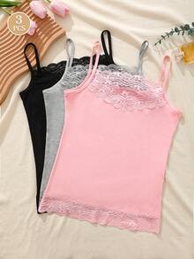 3pcs/Set Women Lace Floral Camisole Undershirt, Versatile Basic Casual Comfortable Summer Tops - Multicolor - View 2