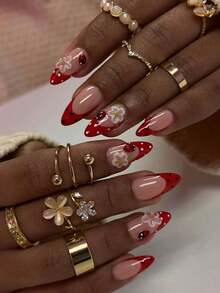 24 piezas de pegatinas de uñas francesas de forma de almendra larga con lunares rojos, decoración de flores 3D y mariquitas, se ajusta perfectamente a la forma de la uña, set de uñas postizas acrílicas que incluye: 1 pieza de gel de gelatina y 1 pieza de lima de uñas, manicura de lunares y uñas de verano, adecuado para uso diario y uñas de vacaciones de mujeres - Multicolor - Ver 10
