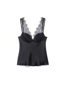 DEEKA Spring/Summer New Women's Fashion Sexy Lace Satin Blouse - Black - View 7
