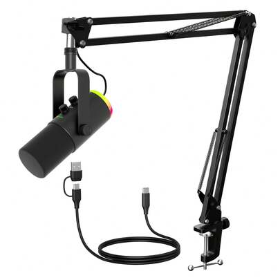 XLR/USB动圈麦克风套装，RGB播客麦克风，带静音、增益旋钮、音量控制和悬臂支架，适用于直播、游戏、配音、录音