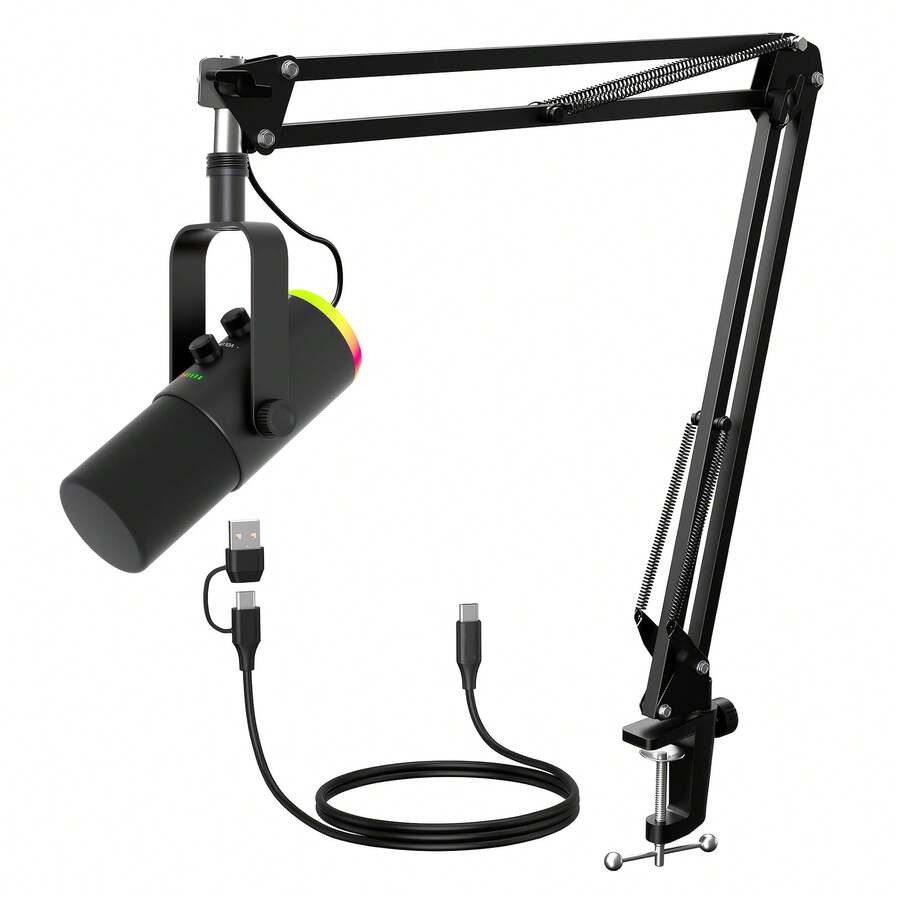 XLR/USB动圈麦克风套装，RGB播客麦克风，带静音、增益旋钮、音量控制和悬臂支架，适用于直播、游戏、配音、录音 - 查看 1