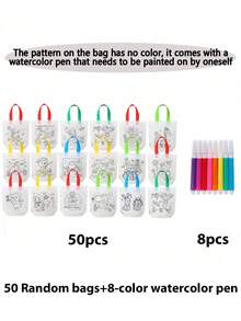 1 Set Random DIY Coloring Non-Woven Fabric Graffiti Bag, Includes 8 Watercolor Pens, Hand-Painted Double-Sided Waterproof Bag, Durable Packaging Bag, Suitable For Birthday Party Themes, Holiday Events, Games, Gifts, Gift Wrapping - View 16