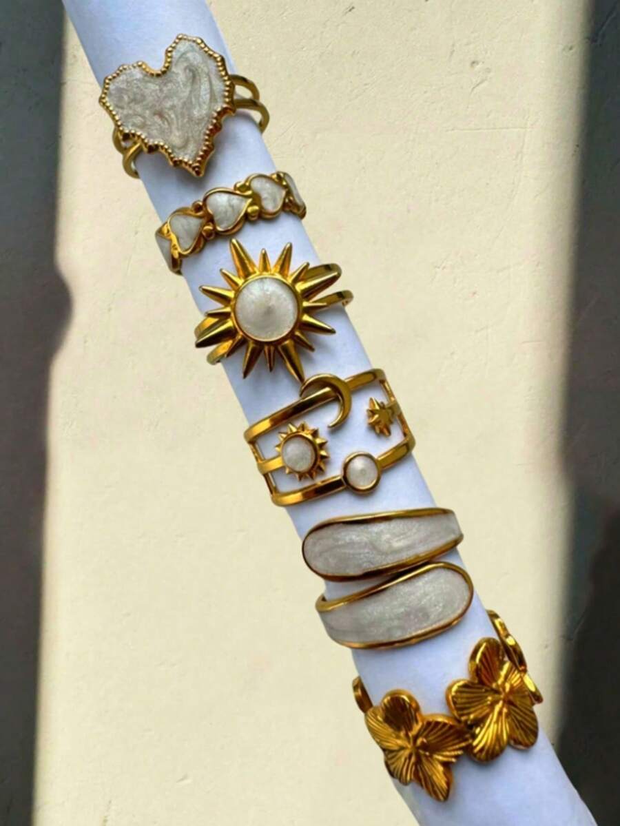 6pcs Fashionable 18K Gold Plated Stainless Steel White Sun, Heart, Flower Shaped Oil Drop Rings Set, Elegant Daisy Rings - Gold - View 1