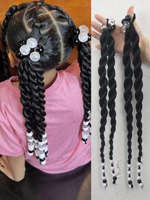 2 chiếc tóc giả buộc đuôi ngựa cho trẻ em, có hạt trang trí ở cuối, thiết kế dây buộc tóc co giãn cao, phụ kiện buộc tóc đuôi ngựa. - Màu đen tự nhiên - Xem 12