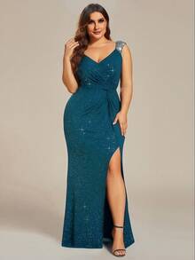 EVERPRETTY Plus Size V-Neck Sequin Peacock Green Evening Dress, Suitable For Mother Of The Bride Dress, Formal Party, Wedding, Summer Party, Graduation Dance, Semi-Formal Wedding Guest Party Spring - Teal Blue - View 4